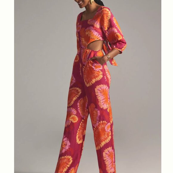 Farm Rio Anthropologie Tie Back Cut Out Jumpsuit Pink Orange Size Small - Picture 1 of 11